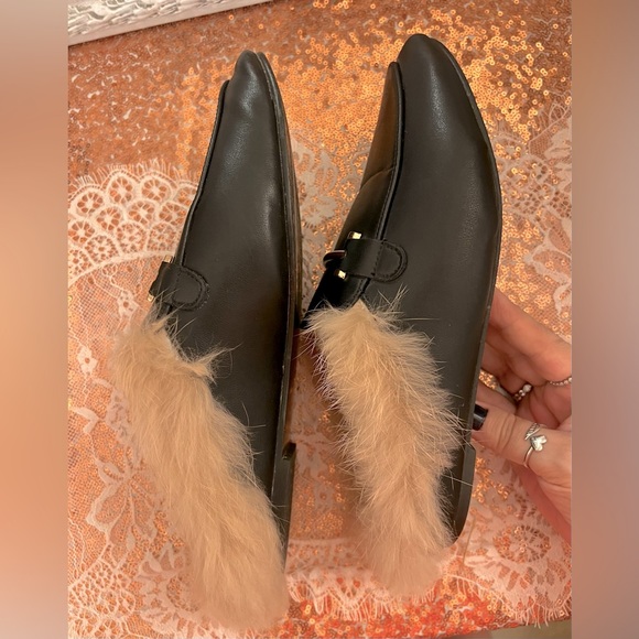 Black Ashley Stewart Mauve Tan Faux Fur Mules - Picture 8 of 15